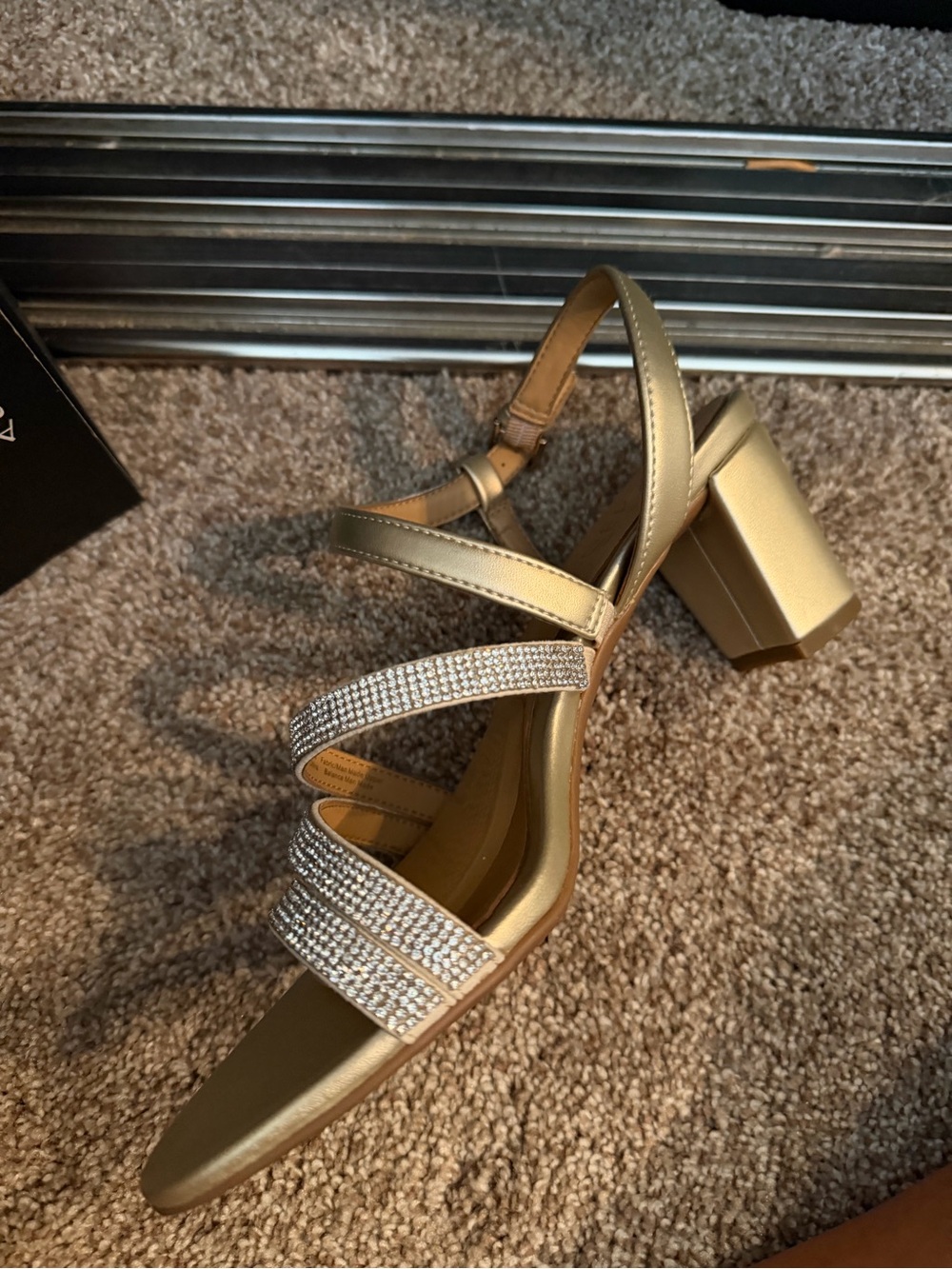 Gold Block Heel Sandal with Rhinestone Straps
